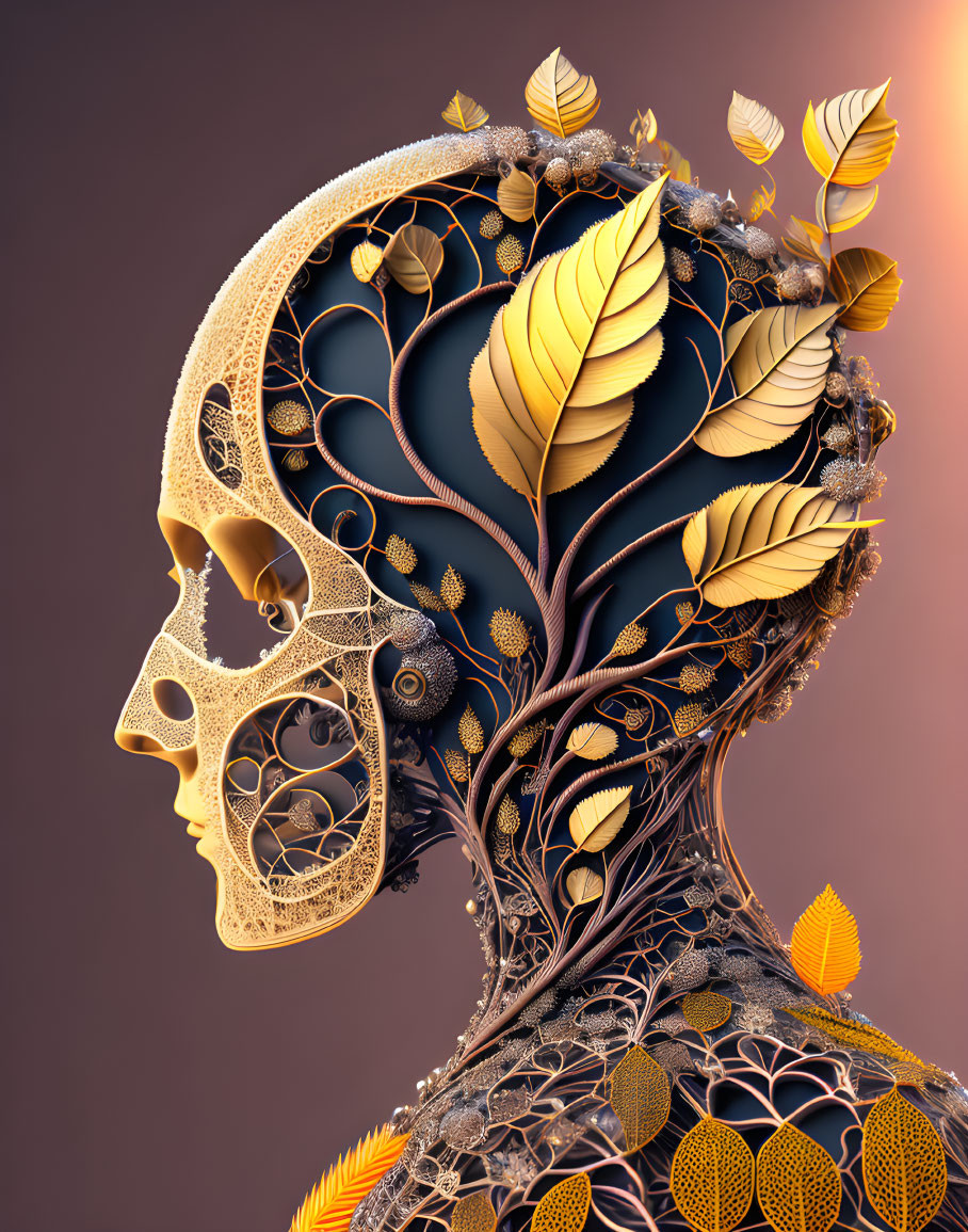 Digital artwork: Human head profile with tree-like structures and intricate patterns symbolizing growth and complexity