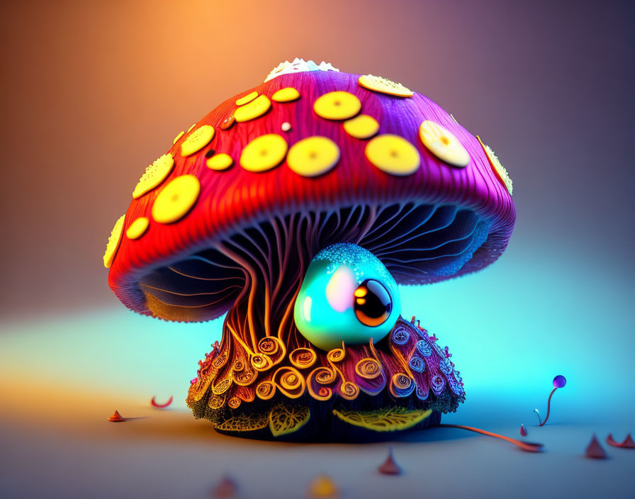 Vibrant creature with large eye under whimsical mushroom in detailed illustration