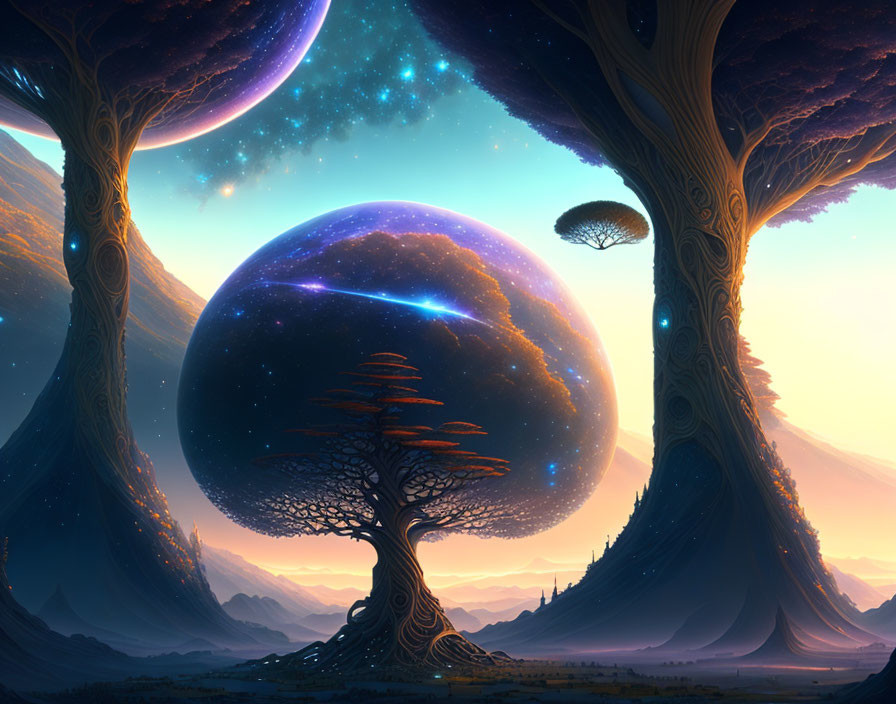 Gigantic trees, sphere with tree, celestial bodies in starry sky