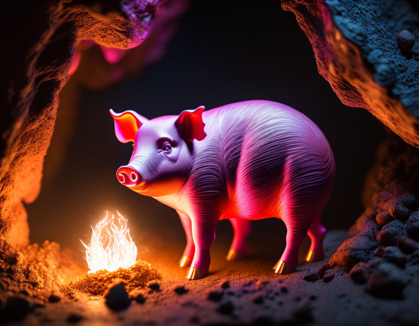 Luminous pink pig in mystical cave with vibrant blue and orange light