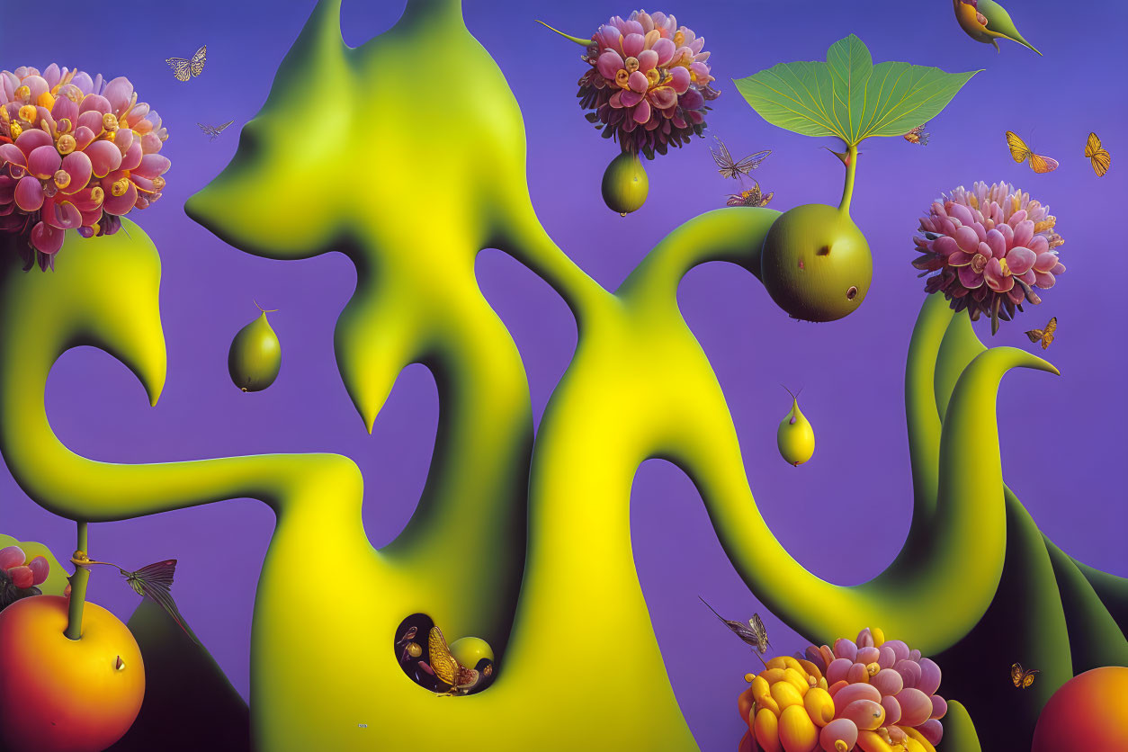 Vibrant neon-green landscape with fruits, flowers, and insects on purple backdrop