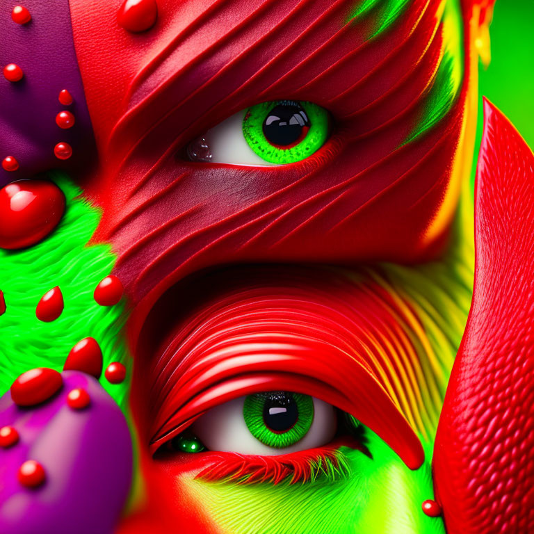Close-up of colorful feathered eyes with red beads.