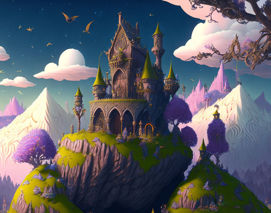 Whimsical castle on floating island with purple foliage, mountains, pastel sky, birds, rising