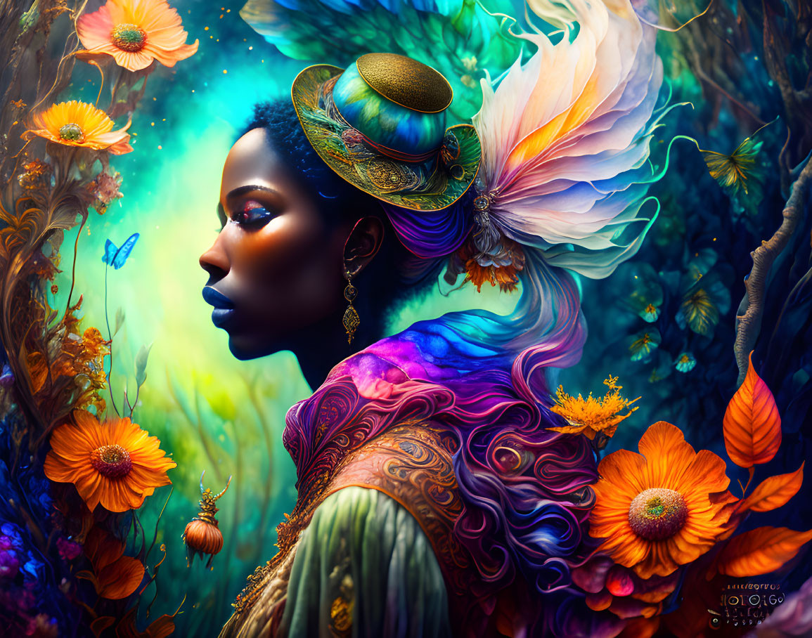 Colorful digital artwork of a woman with butterfly wing hat in vibrant fantasy setting