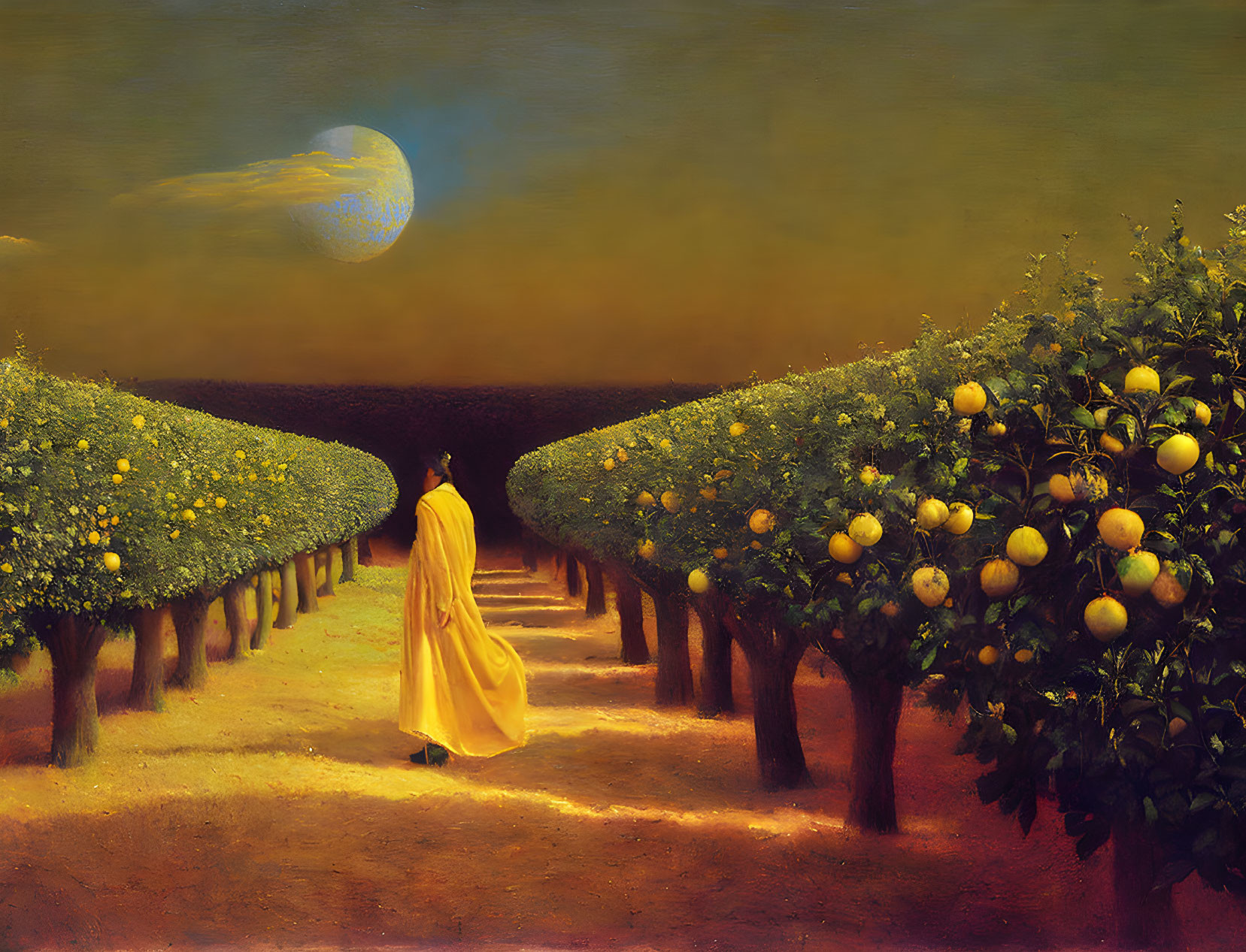 Person in Yellow Cloak Walking Among Lemon Trees Under Large Moon