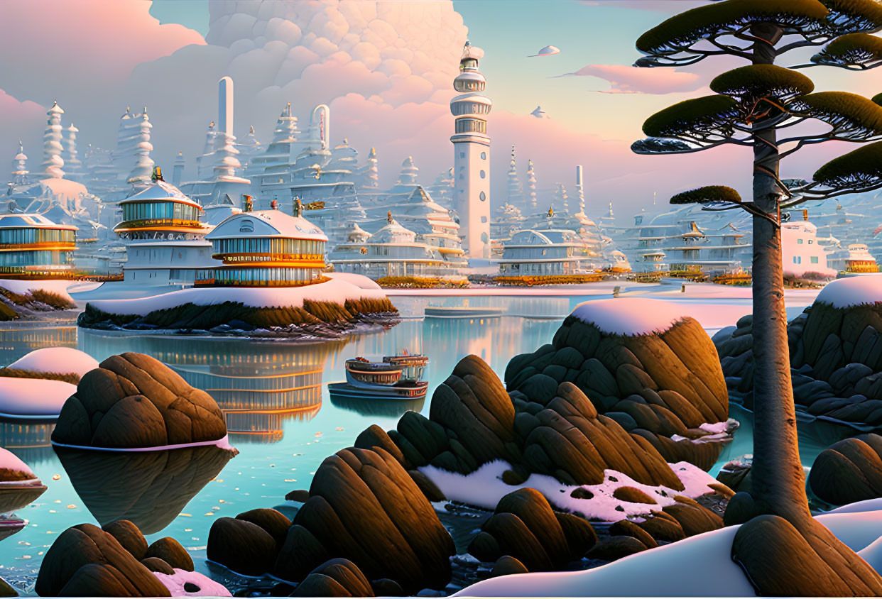 Fantasy landscape with lighthouse, traditional buildings, calm waters, boats, and snow-dusted trees