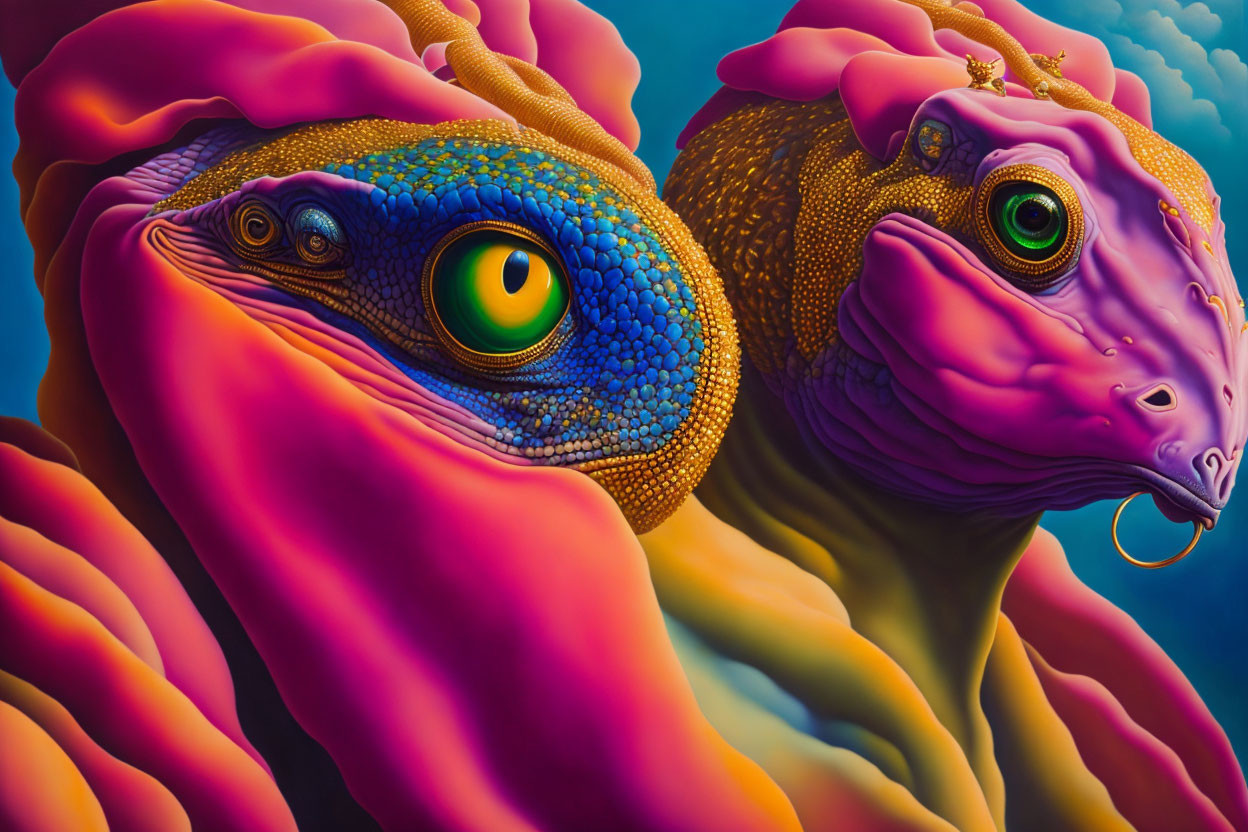 Colorful digital art featuring stylized reptiles and intricate patterns