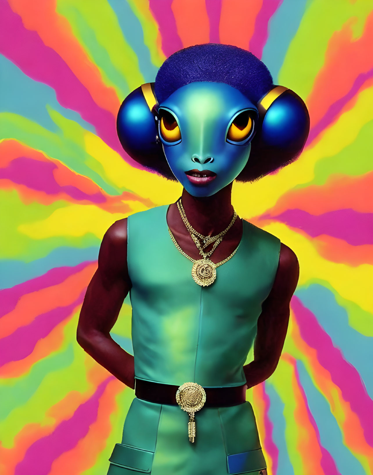 Vibrant digital art: humanoid with blue skin and ram-like ears