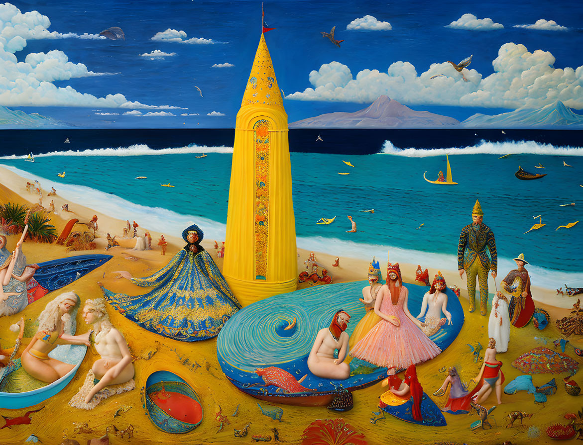 Surreal beach scene with whimsical figures, boats, spire, mountains, and clouds.