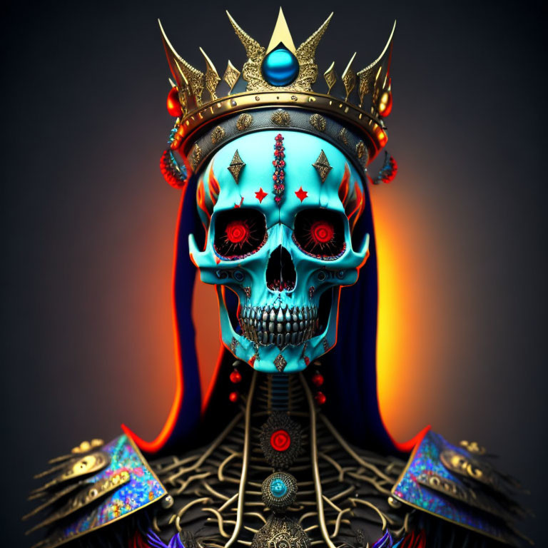 Colorful digital artwork: Skull with glowing red eyes, ornate crown, and regal attire on