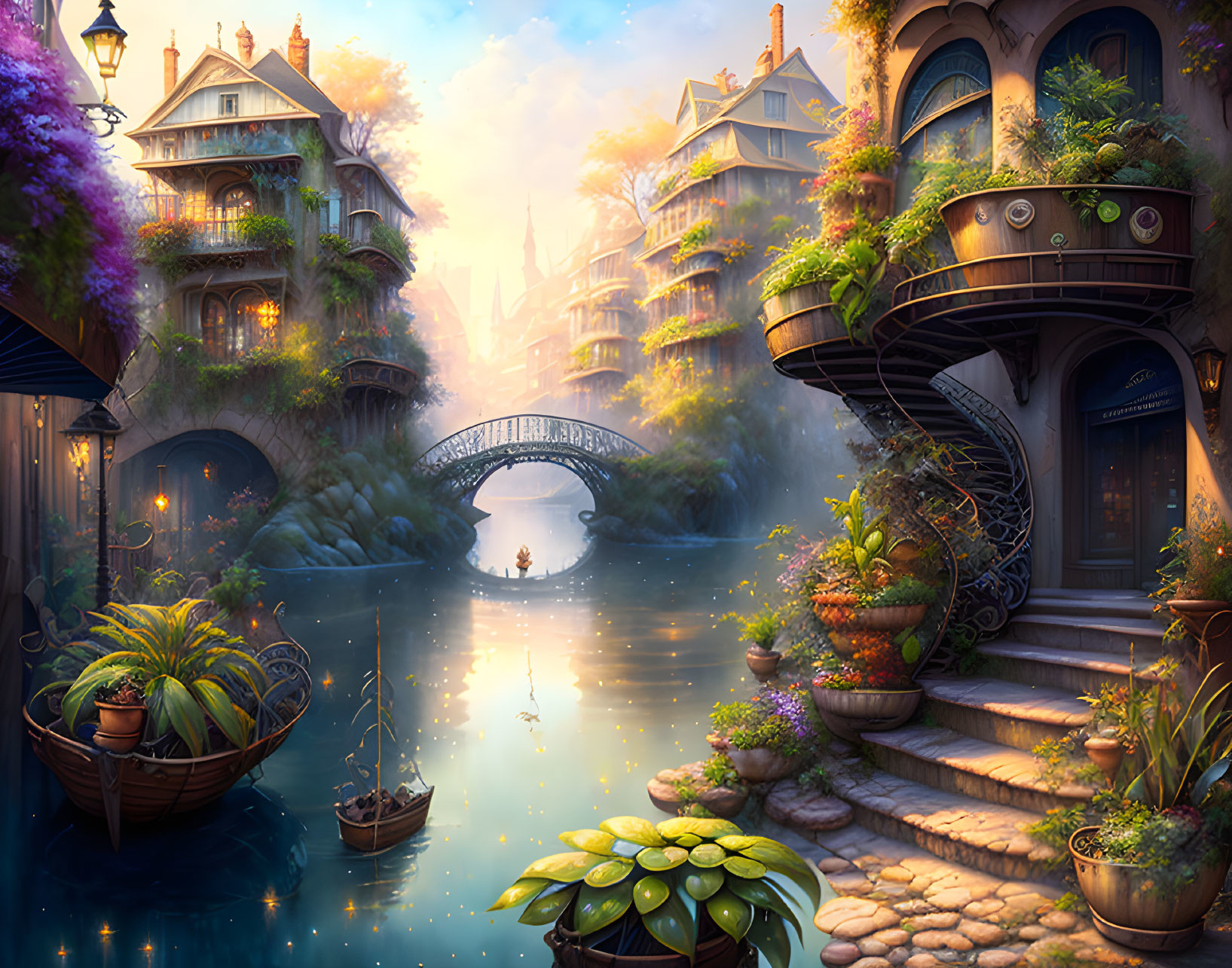 Fantastical canal scene with small boat, bridge, ornate buildings, lush balconies, and