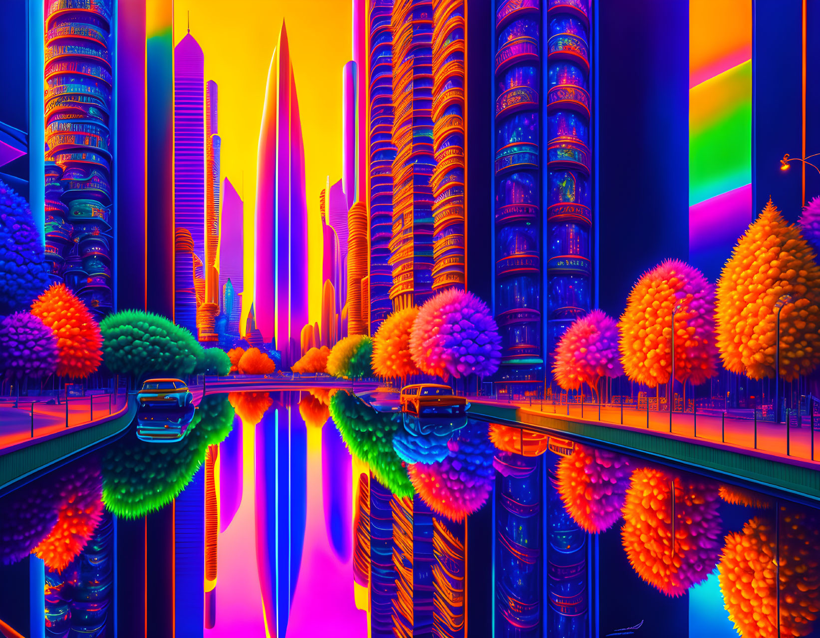 Futuristic cityscape with neon colors and stylized architecture