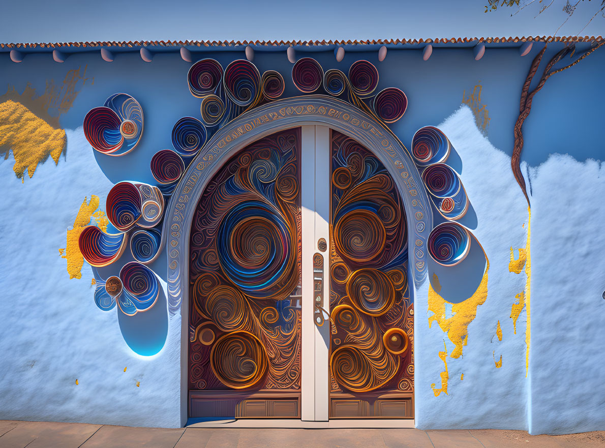 Colorful swirling pattern mural on building's double doors under blue sky.