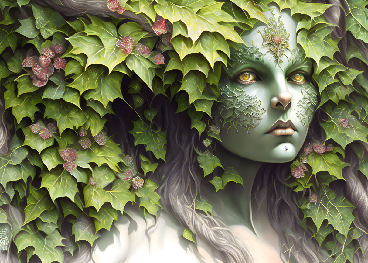 Mystical figure adorned with leafy vines in ivy leaf setting