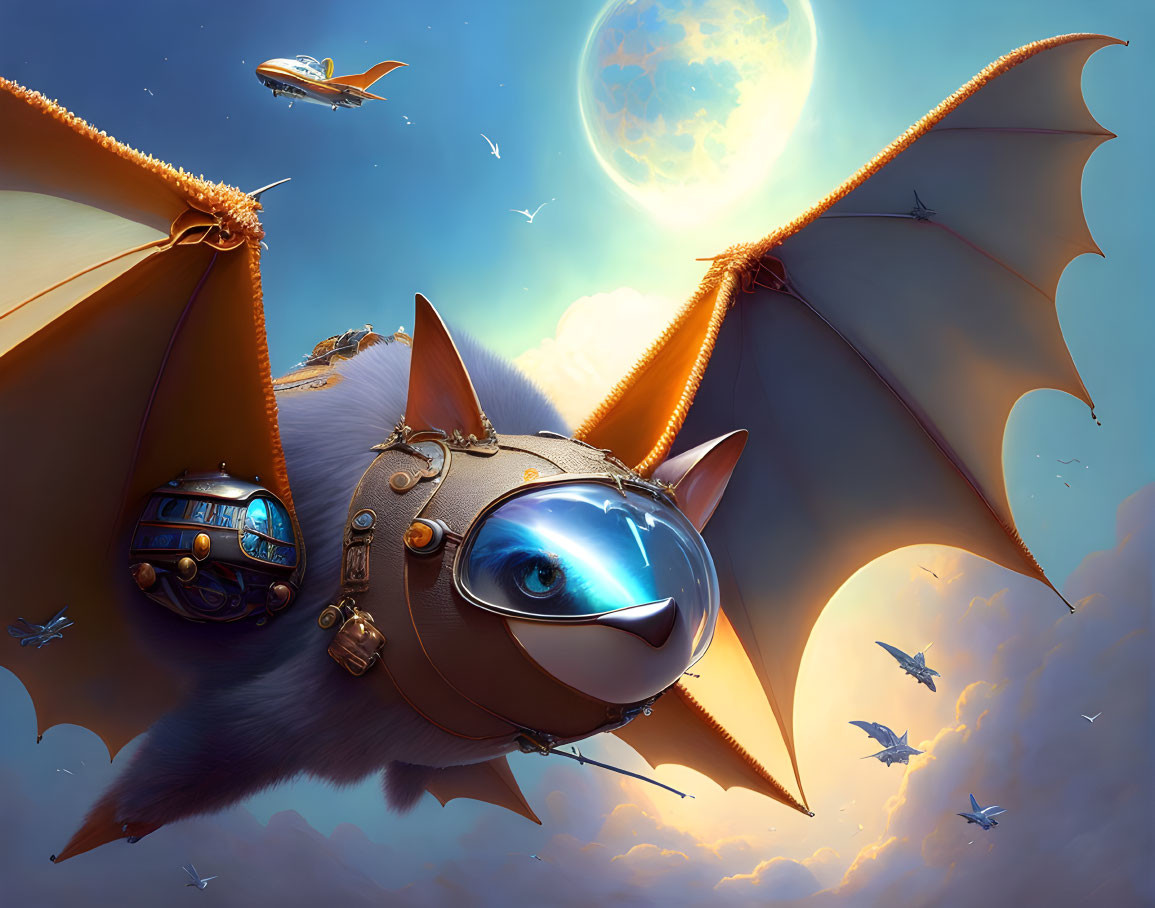 Whimsical illustration of giant flying cat with steampunk goggles