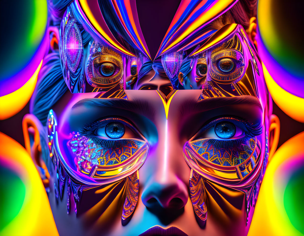 Symmetrical digital art: surreal faces, intricate patterns, neon colors