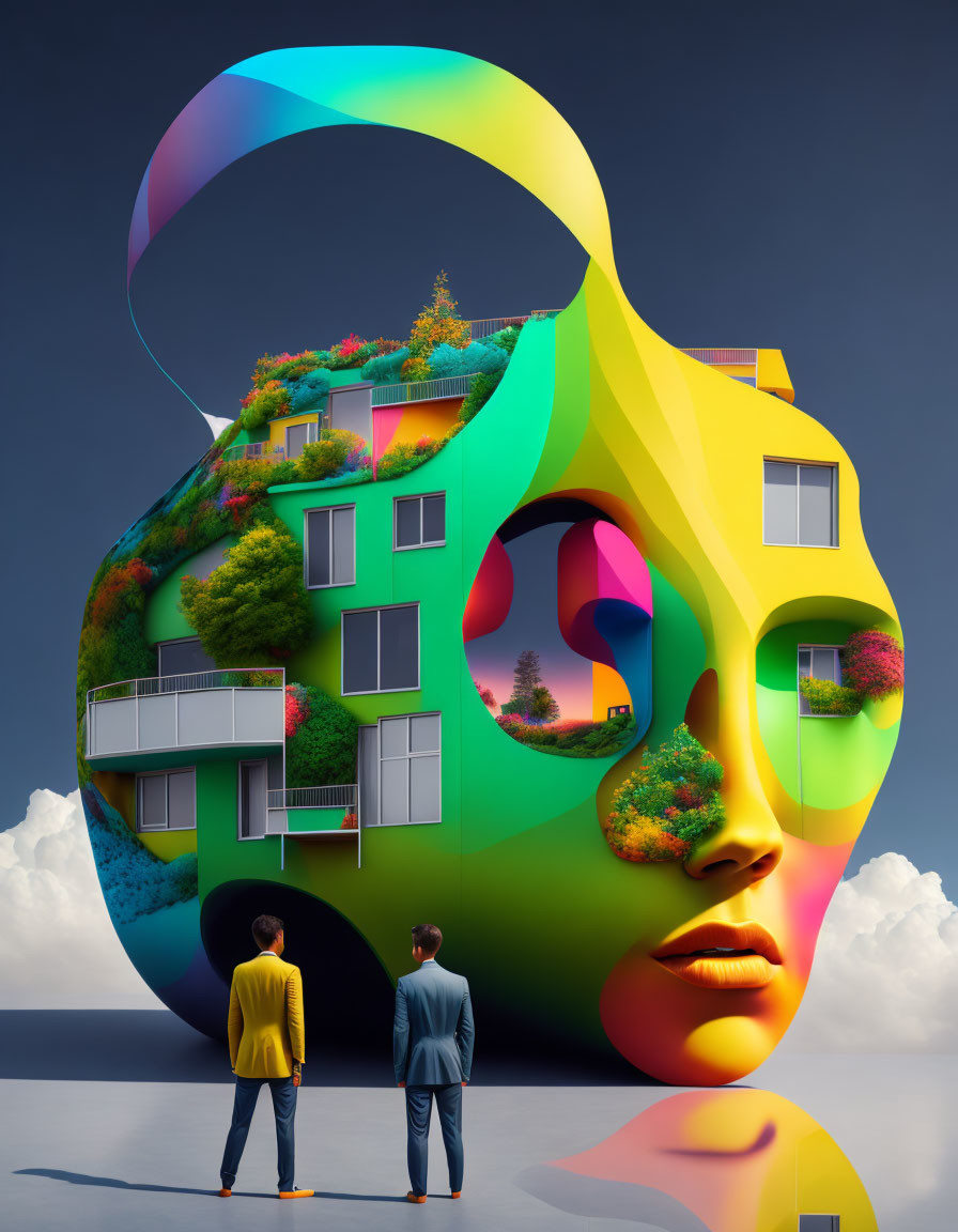 Surreal large colorful head-shaped structure with landscapes, greenery, and architecture under blue sky