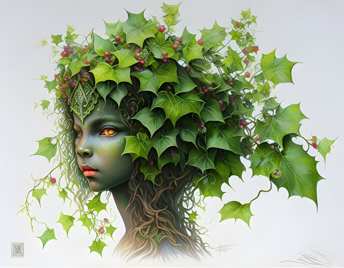 Green-skinned female figure with ivy hair and berries - Nature spirit illustration