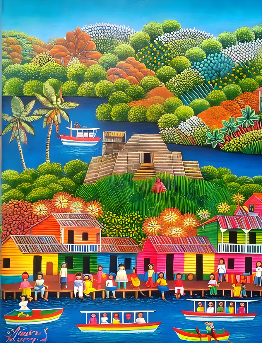 Colorful Folk Art Painting of Riverside Village & Boats