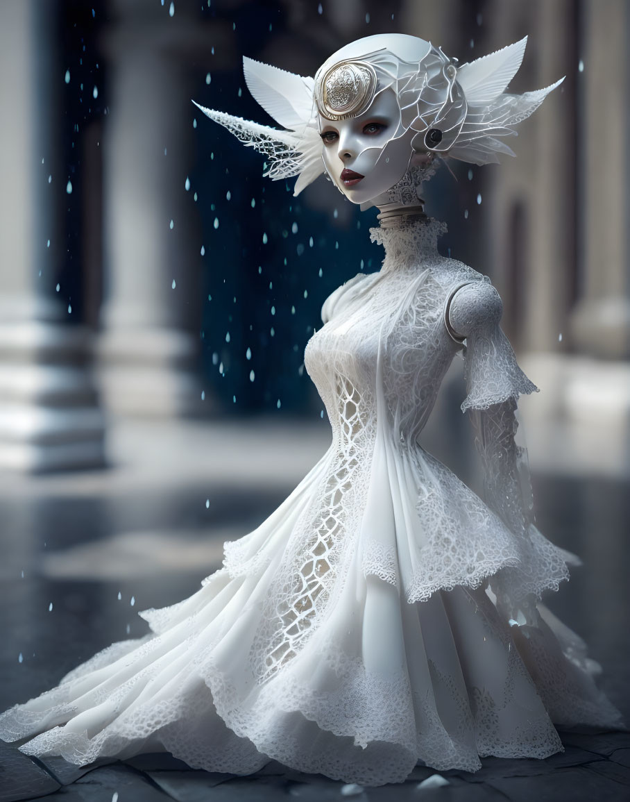 Intricate lace white gown with high collar, headpiece, and mask under snowfall