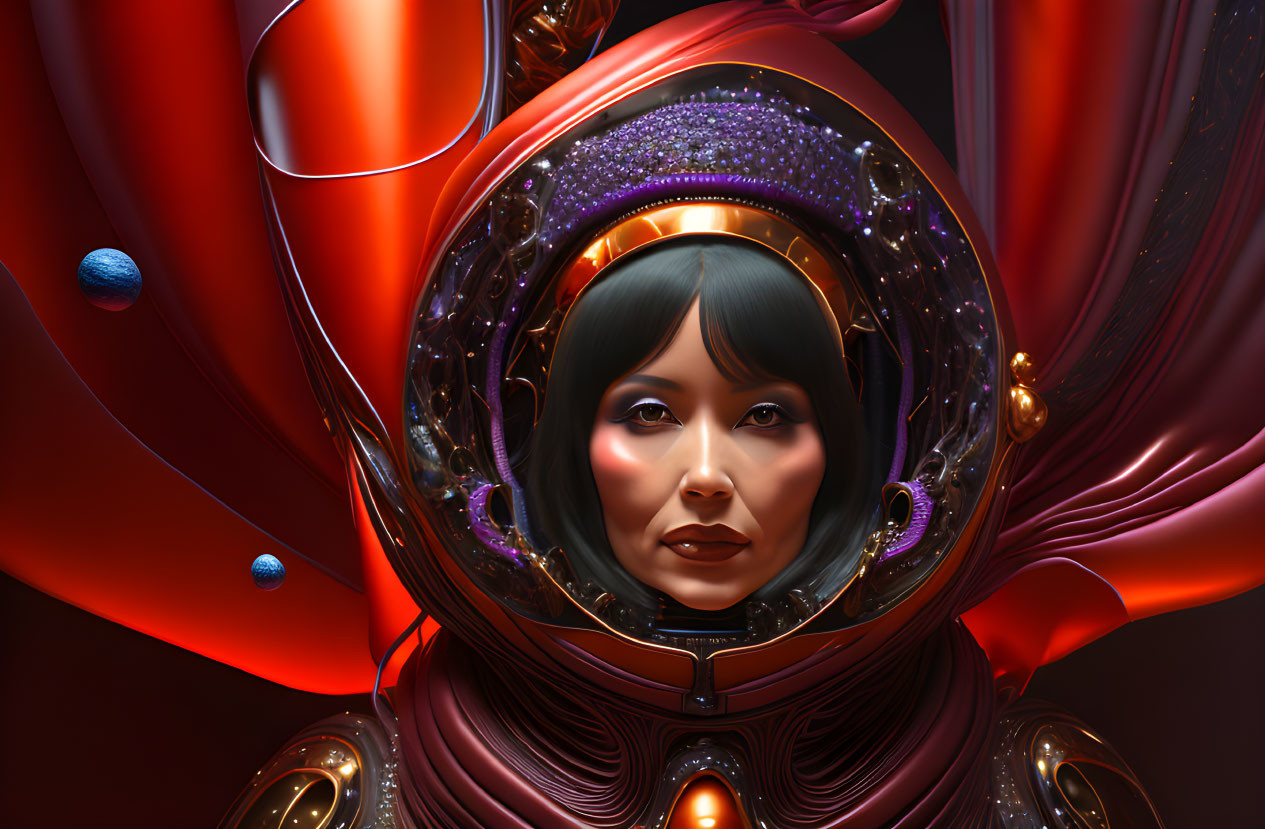 Futuristic female figure with cosmic-themed helmet and abstract planets.