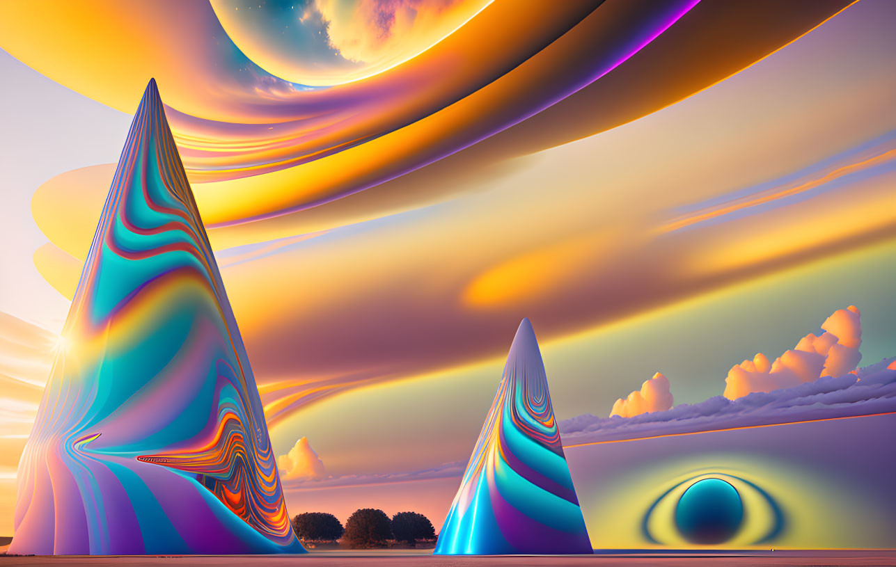 Colorful Swirled Cones in Surreal Landscape with Cosmic Sky