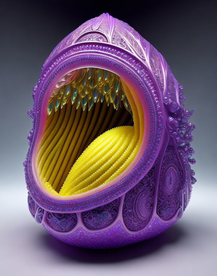 Fantastical ornate purple egg with intricate yellow interior