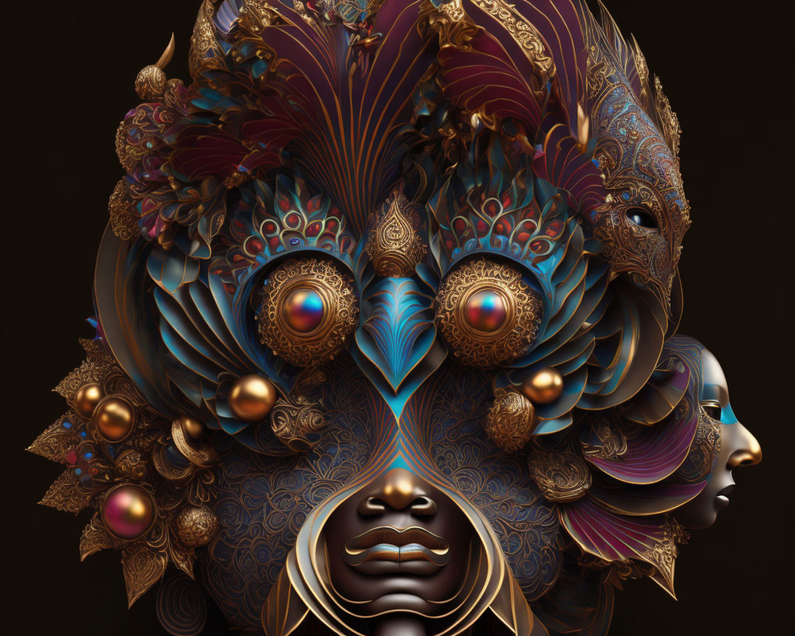 Surreal artwork: Face with multiple eyes, peacock feather-like designs