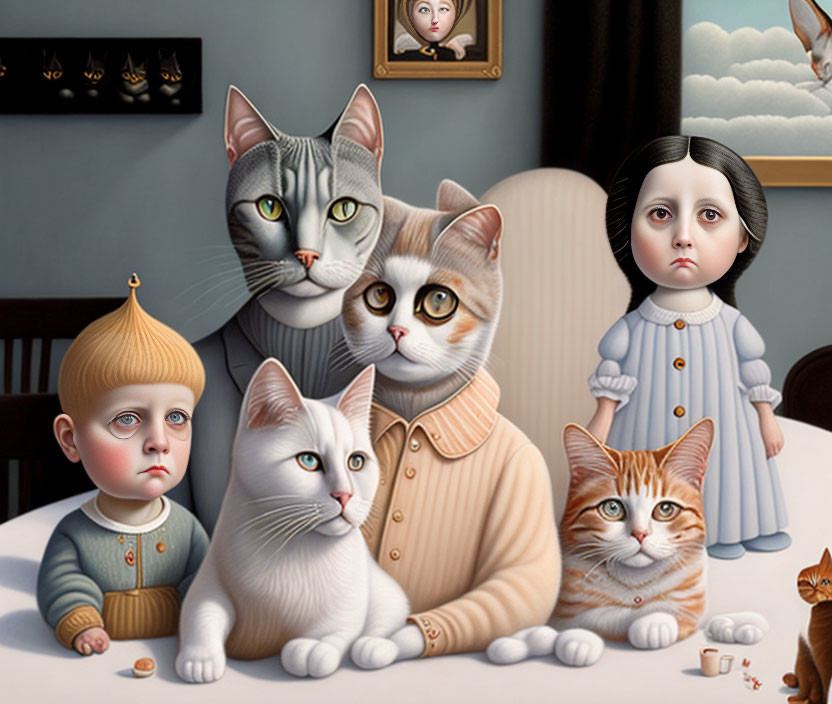 Surreal painting of four large cats and children in a stylized room