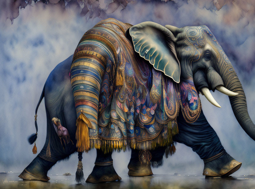 Colorful Patterned Elephant Adorned with Jewelry and Tassels