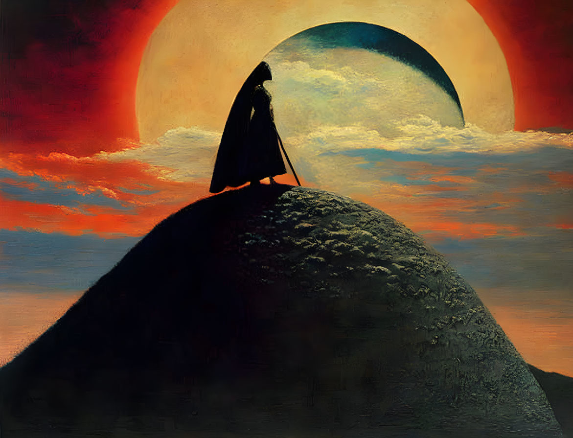 Cloaked figure on rocky hill under eclipsed sun & night sky