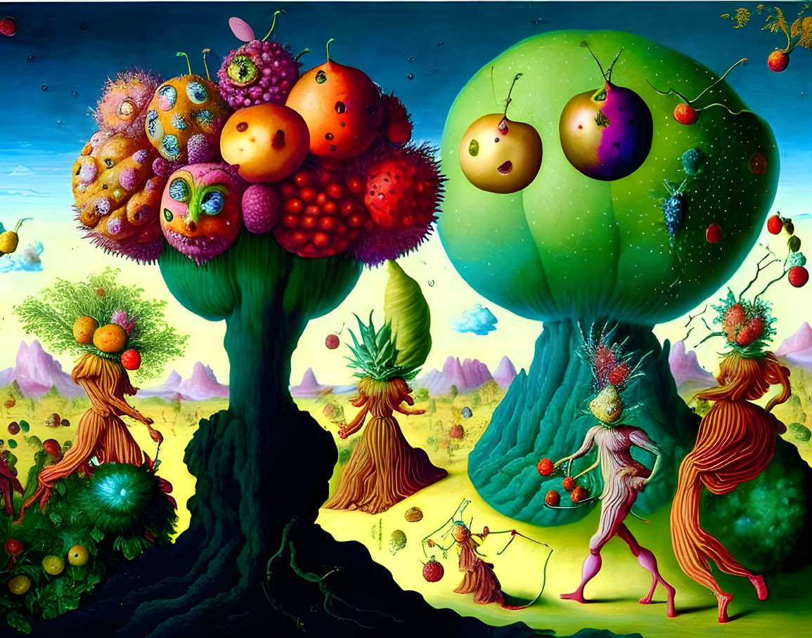 Surreal landscape featuring anthropomorphic fruit trees and dancing figures with plant features