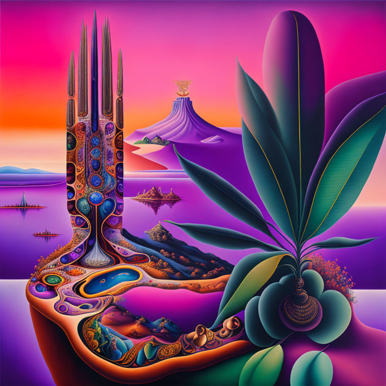 Colorful Surrealist Landscape with Tower, Figure, and Plant in Psychedelic Setting