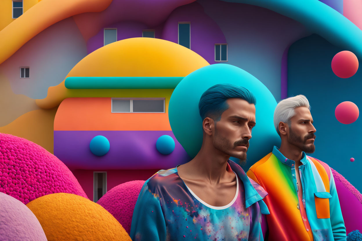 Colorful men with stylish hair against vibrant abstract background