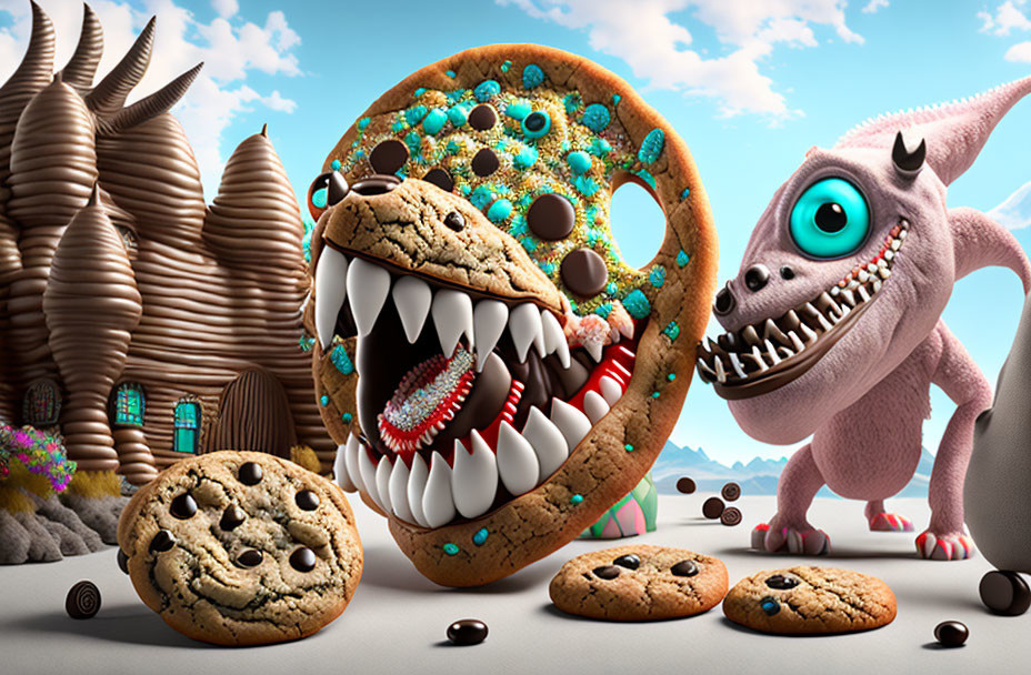 Whimsical cartoon cookies and pink dinosaur in fantasy landscape