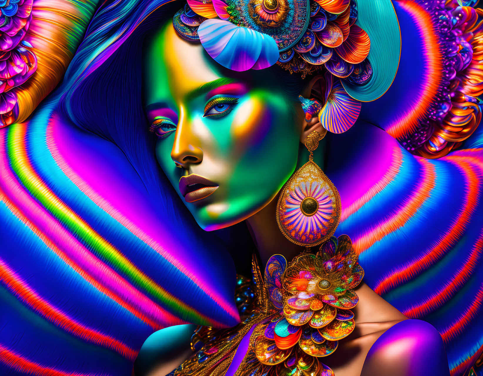 Colorful digital artwork: Woman with blue, green, purple psychedelic patterns