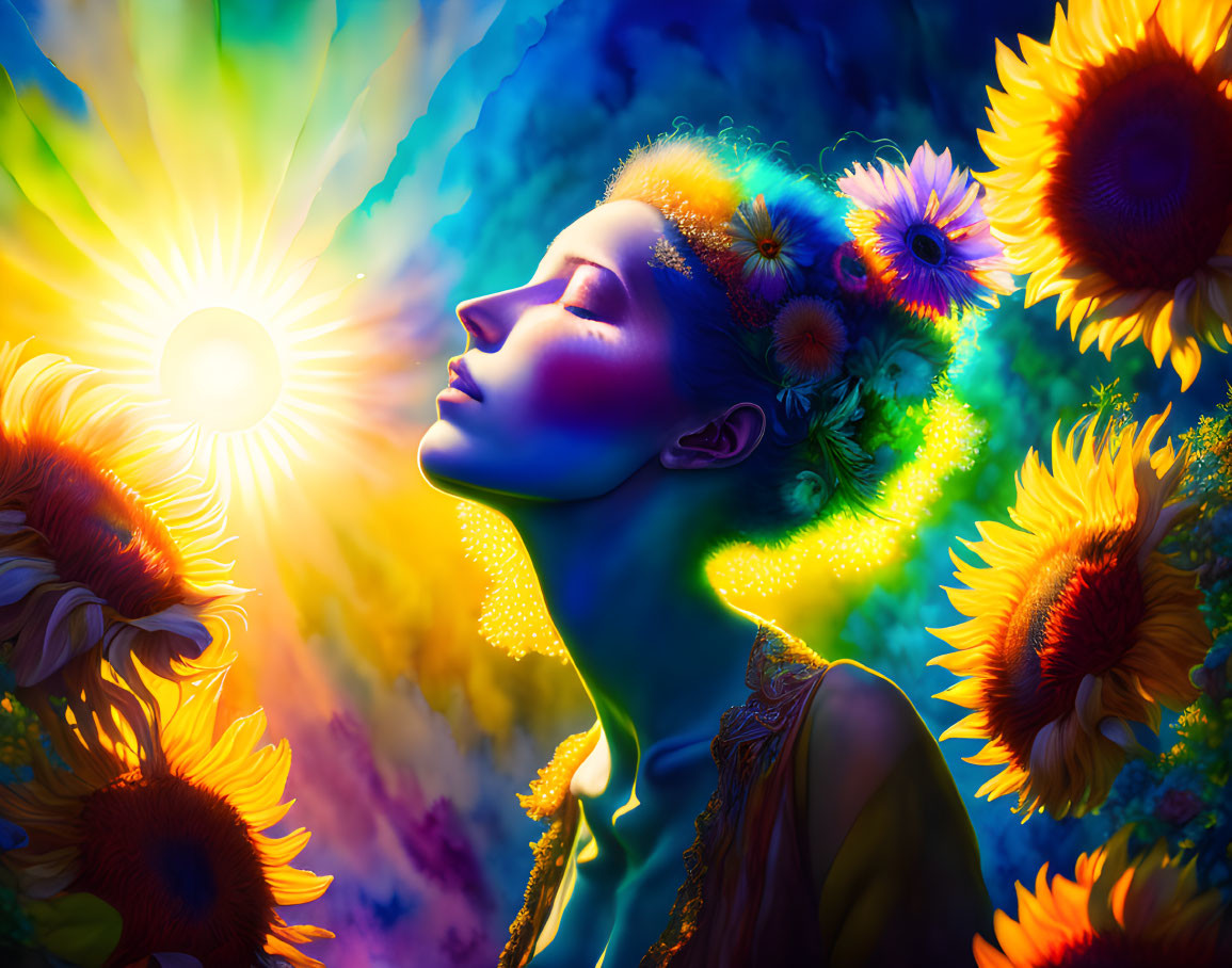 Woman with Sunflowers in Hair on Vibrant Blue and Orange Background