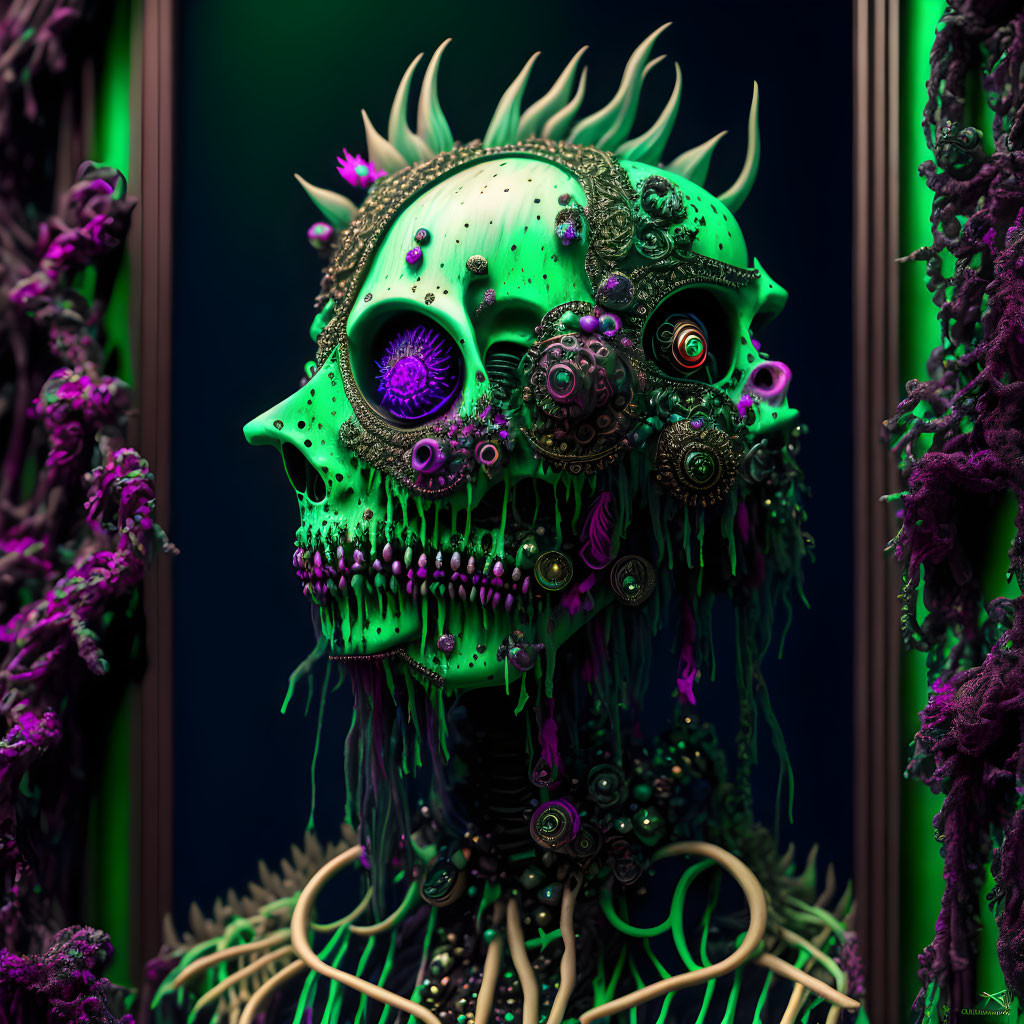 Intricate neon green biomechanical skull with gears and tendrils on dark backdrop