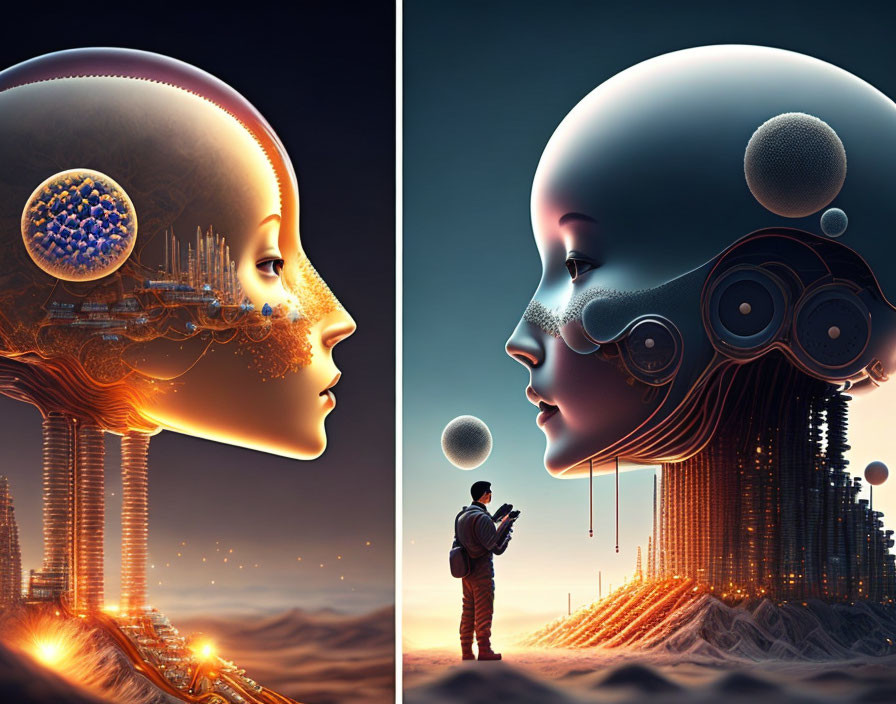 Artistic human head cityscape illustrations at dusk with tiny observer