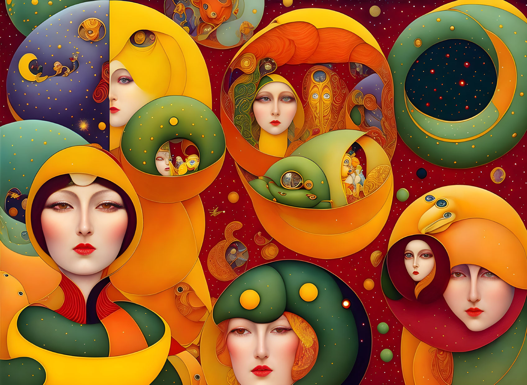 Surrealist art: Female faces with cosmic and nature elements in circular composition