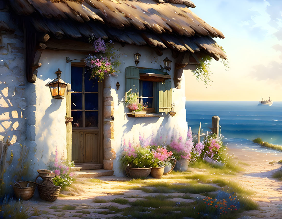 Seaside cottage at sunset with ocean view and sailing ship