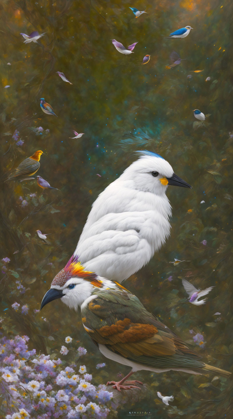 White bird with vibrant crown among colorful birds and violet flowers on dreamy background