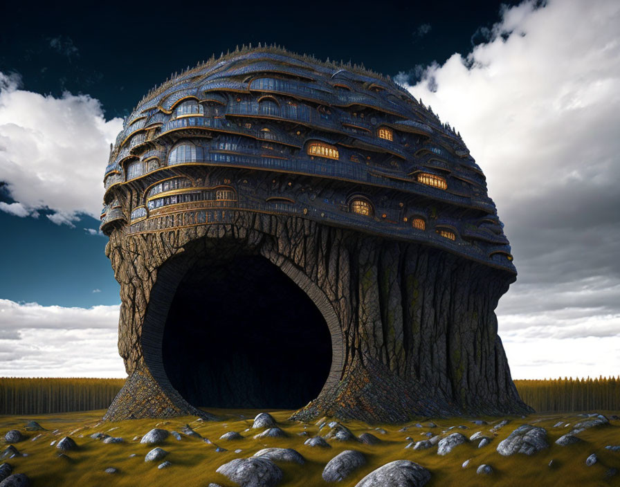 Intricate spherical structure on tree stump in field under cloudy sky