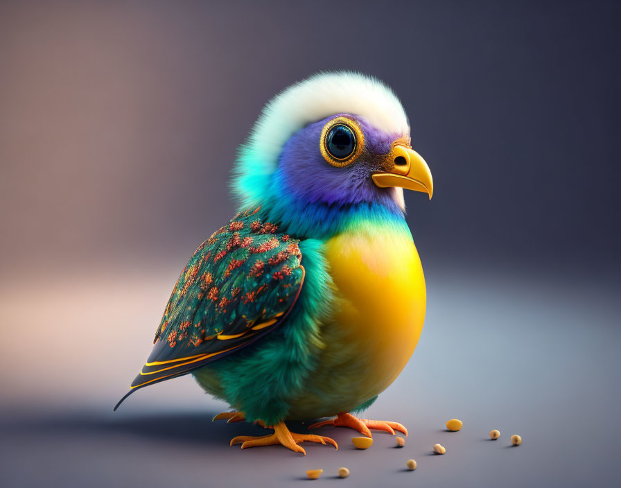 Colorful Blue to Yellow Bird with Sharp Beak and Orange Feathers