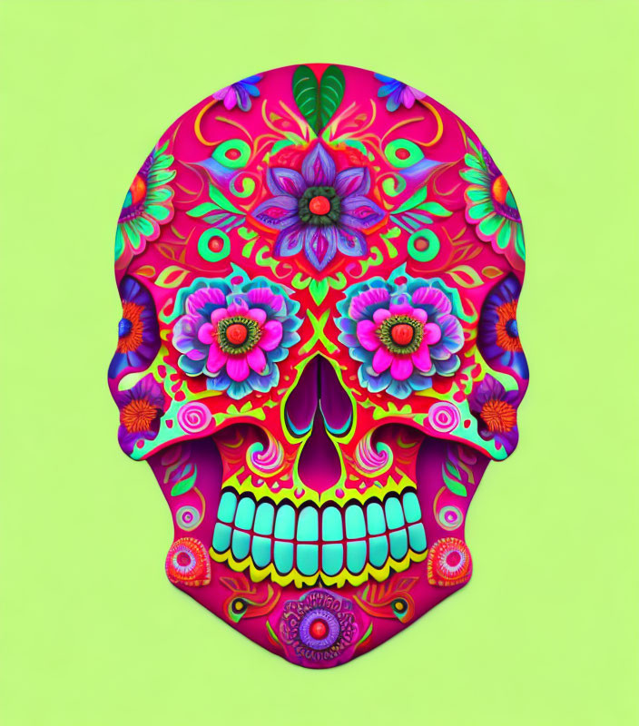 Colorful Sugar Skull with Floral Patterns on Lime Green Background