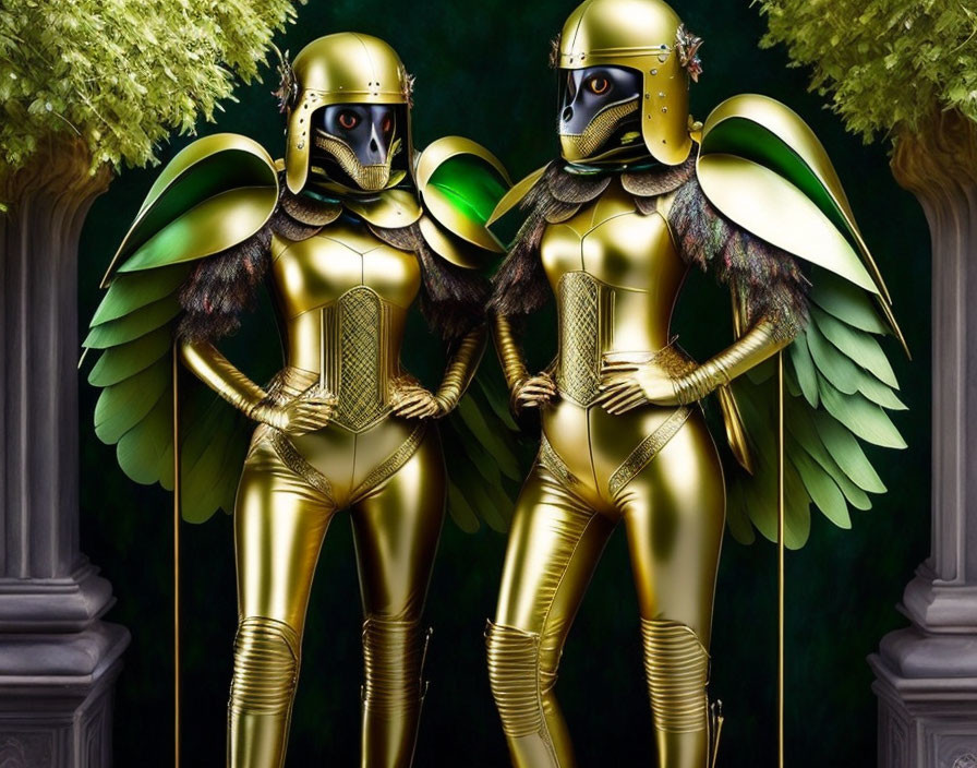 Two figures in golden armor with winged helmets in lush green setting.