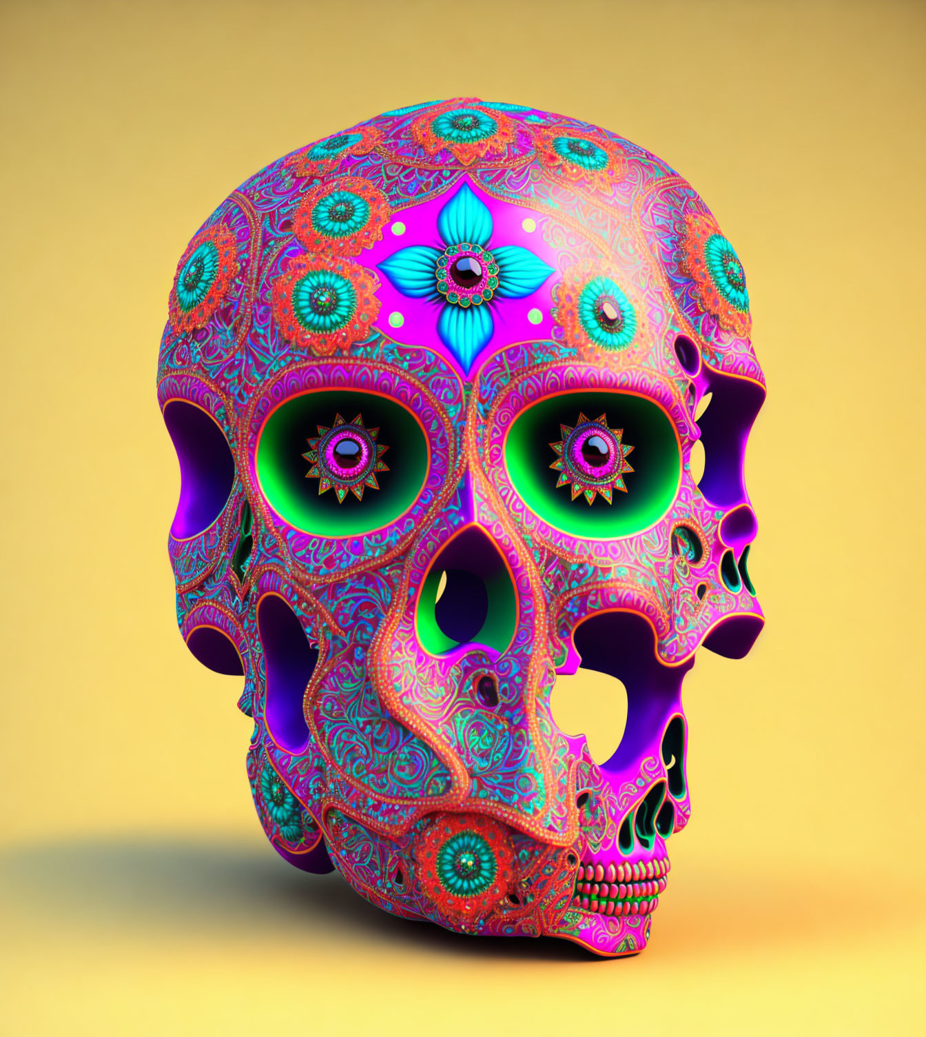 Colorful psychedelic skull with intricate floral motif on warm yellow background