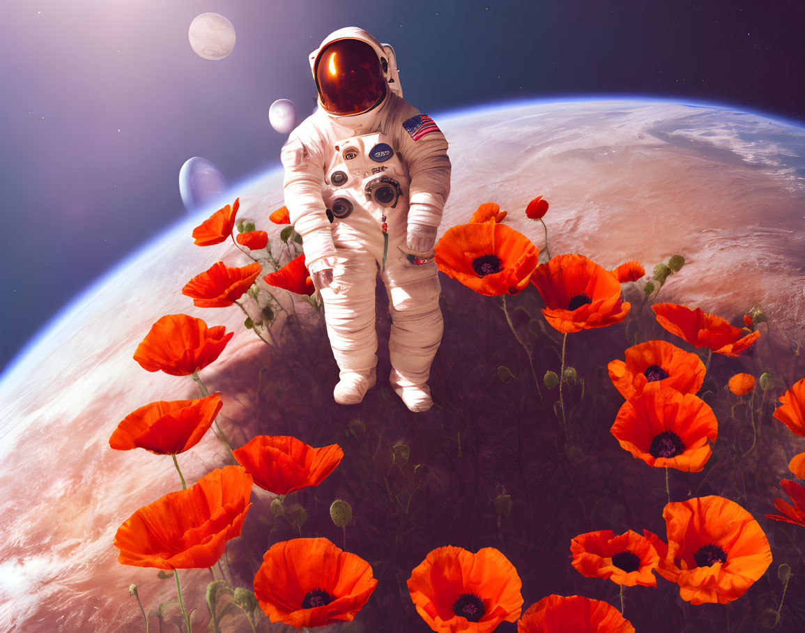 Astronaut among red poppies in surreal cosmic scene