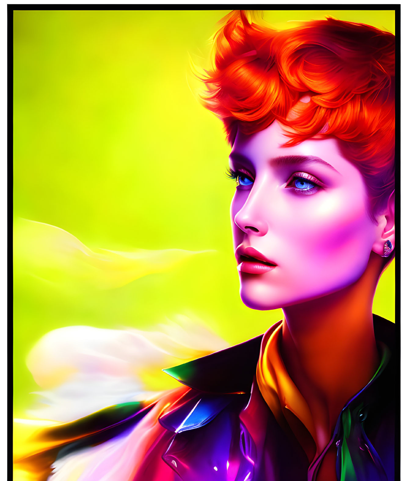 Colorful digital portrait of a woman with orange hair and blue eyes on neon background