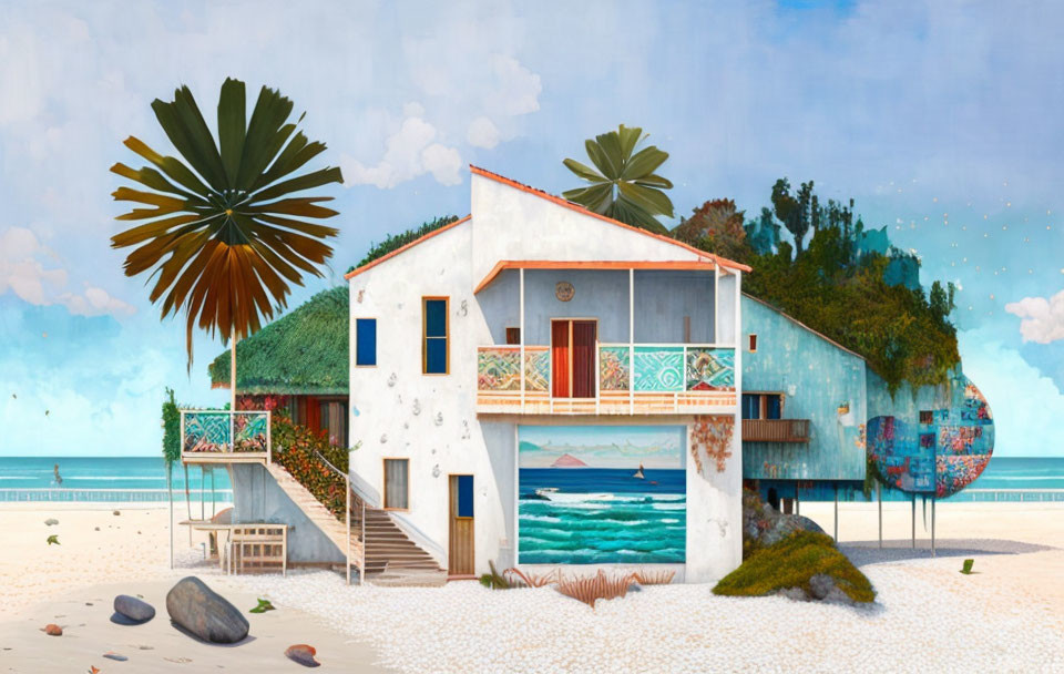 Coastal two-story house painting with palm trees and beach landscape